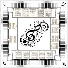 Een tafelkleed waarop een piano klavier is afgedrukt